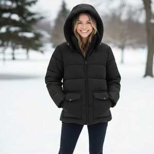 OLD NAVY Black Puffer Jacket. Attached Hood Elastic Waist Full Zip Size XS